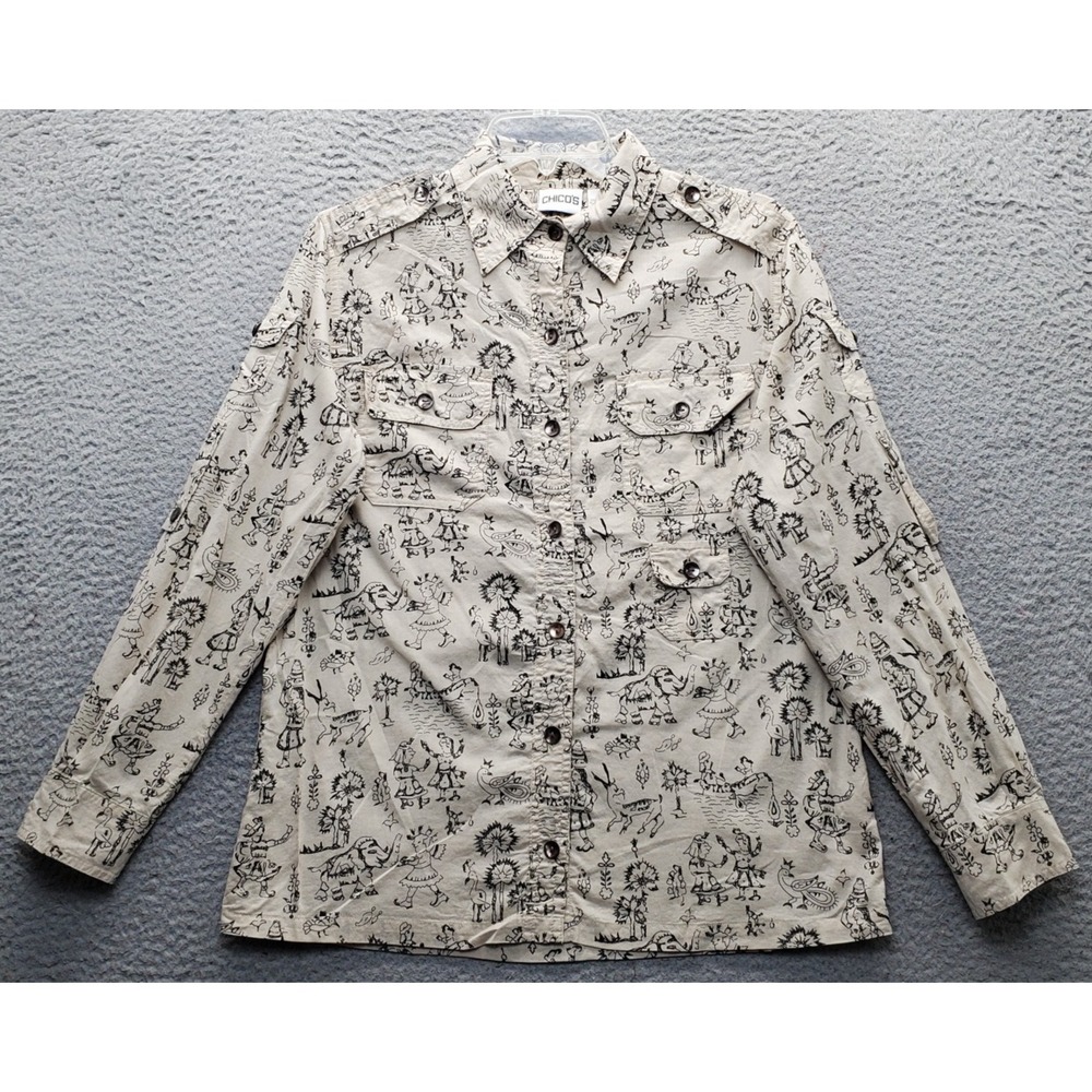 Chico's Shirt Top Women Small Multi Graphic Print Long Sleeve Collared Button-Up